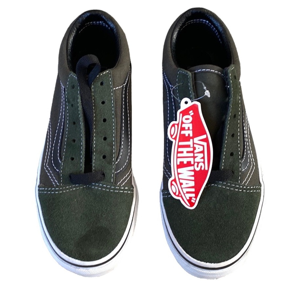 Vans Old Skool Low Top Sneakers Suede Duffel Bag Black Dark Army Green Kids 2.5 - Picture 2 of 11